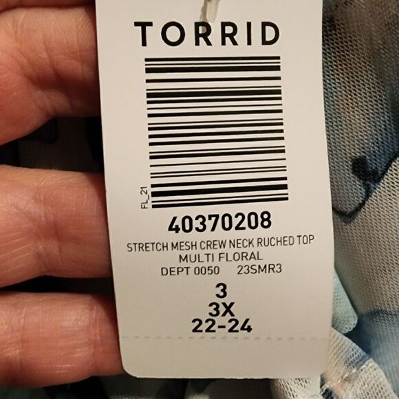 3X 22W 24W Torrid Blue Floral Stretch Mesh Crew Neck Ruched Top Sweetheart blue - Picture 7 of 7